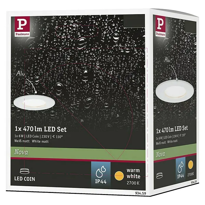 Paulmann LED-Einbauleuchte Nova - 6,5 W, Weiß, Warmweiß - Produktverpackung für ein LED-Leuchtenset mit 470 lm, 6W, 230V und IP44 Schutzart, warmweiß (2700 K) und matter Oberfläche.