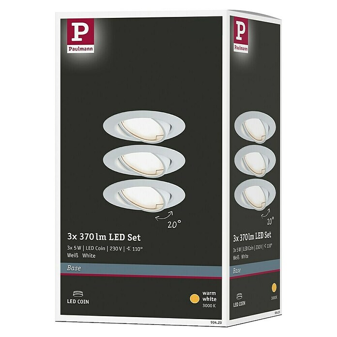 Paulmann LED-Einbauleuchten-Set (5 W, Weiß, Durchmesser: 9 cm, 3 Stk.)