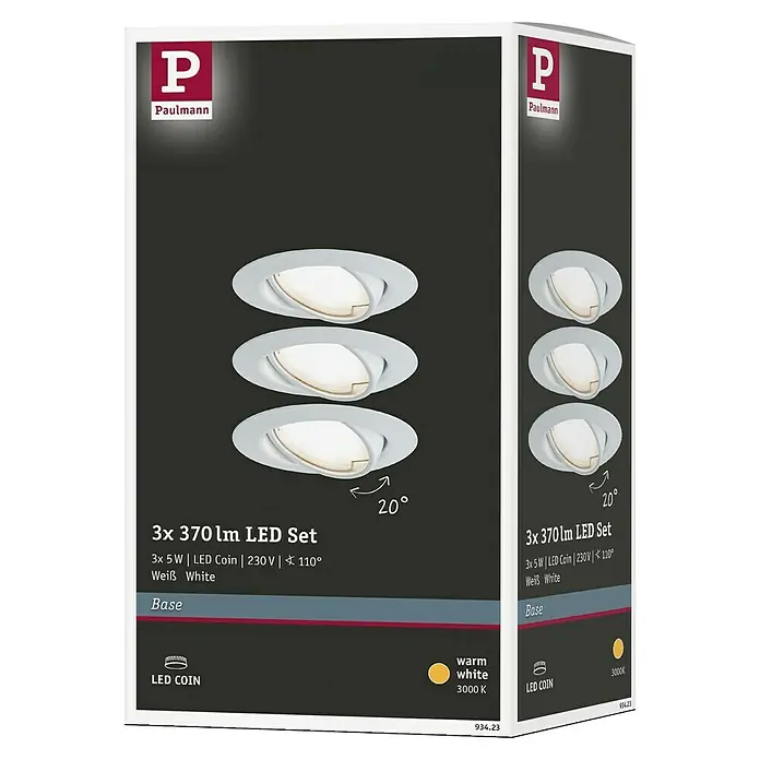 Paulmann LED-Einbauleuchten-Set Base - 5 W, Weiß, 3 Stk., Warmweiß - Verpackung des Paulmann 3er Sets LED Einbaustrahler mit 370 Lumen. Die Strahler sind weiß und haben eine Leistung von 5W bei 230V.