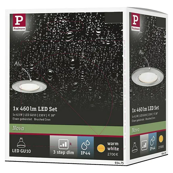 Paulmann LED-Einbauleuchte Nova - 6,5 W, Eisen gebürstet, Warmweiß, 1 Stk., Einbautiefe: 75 mm - Produktverpackung für ein Paulmann 1x 460 lm LED Set, gebürstetes Eisen, mit technischen Details und Icons.