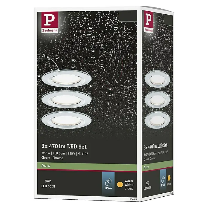 Paulmann Nova LED-Einbauleuchten-Set - 6,5 W, 3 Stk., Warmweiß, Durchmesser: 7,8 cm, Chrom - Produktverpackung für ein Paulmann 3er-Set 470 lm LED-Einbaustrahler in Chrom, ideal zur Akzentbeleuchtung in Wohnräumen oder Badezimmern.