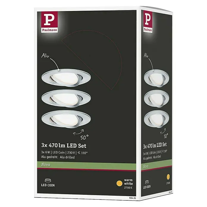 Paulmann Nova LED-Einbauleuchten-Set - 6,5 W, 3 Stk., Warmweiß, Durchmesser: 8,4 cm, Aluminium - Produktverpackung des Paulmann 3er Sets 470 lm LED-Einbaustrahler mit schwenkbaren Aluminium-Leuchtenköpfen für warmweißes Licht.