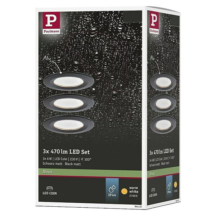 Paulmann Nova Set de focos LED empotrables Nova LED (6,5 W, 3 ud., Blanco cálido, Diámetro: 7,8 cm, Negro) | BAUHAUS