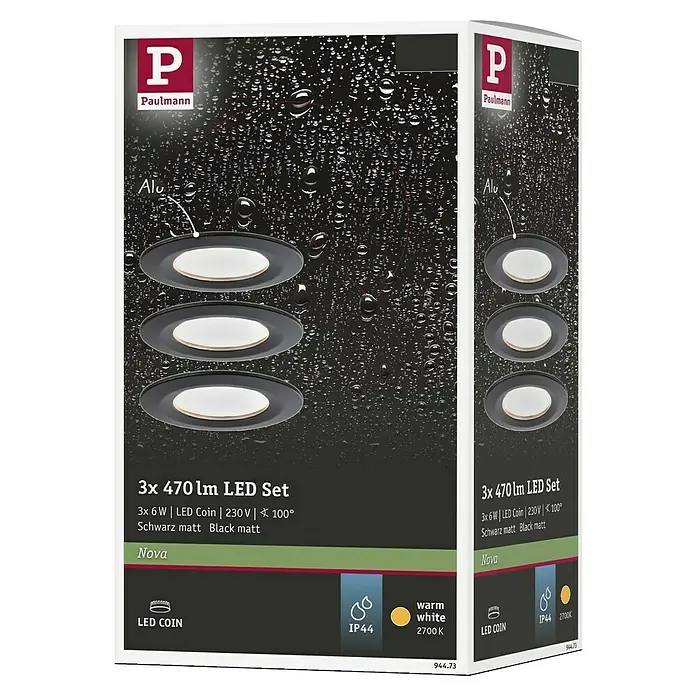 Paulmann Nova LED-Einbauleuchten-Set - 6,5 W, 3 Stk., Warmweiß, Durchmesser: 7,8 cm, Schwarz - Produktverpackung für ein 3er-Set Paulmann Nova LED-Einbaustrahler mit 470 Lumen, 6 Watt, warmweiß (2700K) und IP44-Schutz.