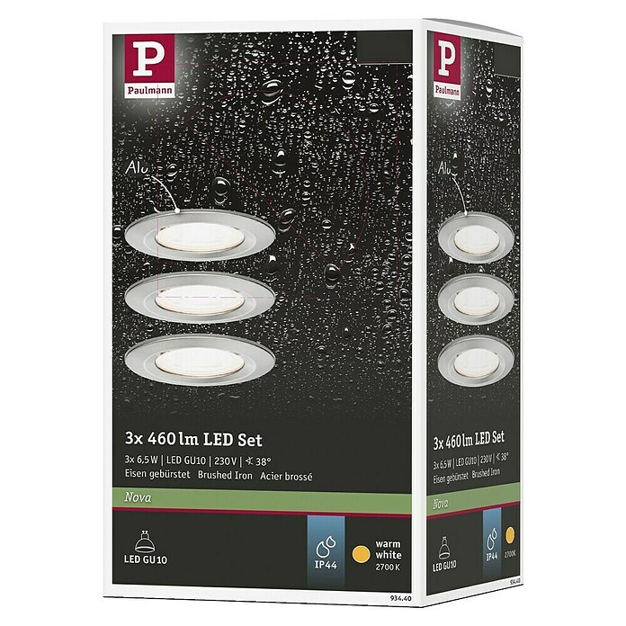 Paulmann LED-Einbauleuchten-Set (6,5 W, Eisen gebürstet, Durchmesser: 7,8 cm, 3 Stk., IP44)