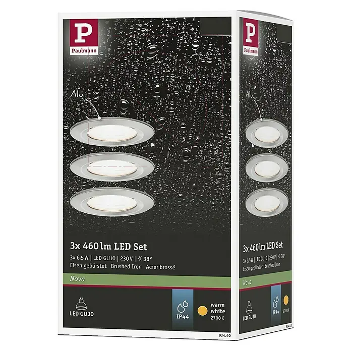 Paulmann LED-Einbauleuchten-Set Nova - 6,5 W, Eisen gebürstet, 3 Stk., Warmweiß, Durchmesser: 7,8 cm, IP44 - Produktverpackung: Paulmann Nova LED Set mit drei Einbauleuchten in gebürstetem Eisen, ideal für stilvolle Innenraumbeleuchtung.