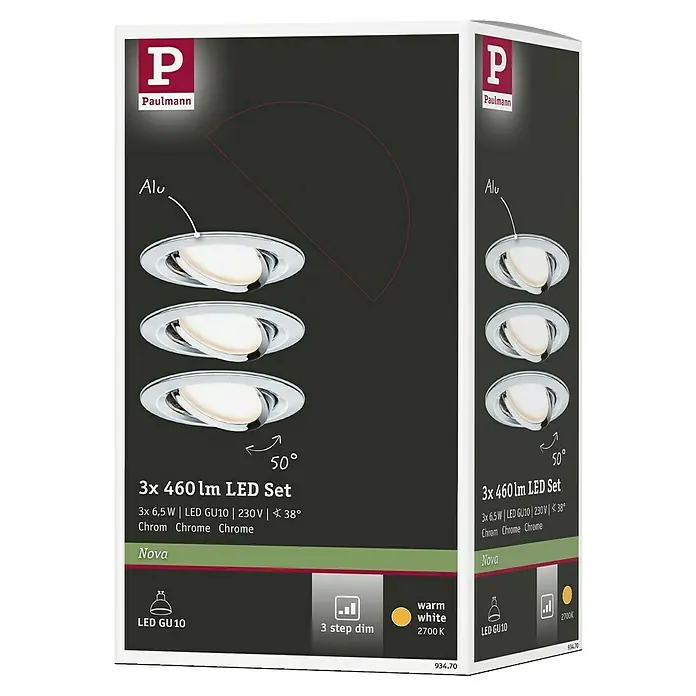Paulmann LED-Einbauleuchte Nova - 6,5 W, Chrom, Warmweiß - Abbildung der Verpackung für ein Paulmann 3er Set Nova LED-Einbaustrahler. Das Set enthält 3 Chrom Strahler mit je 6,5W und 460 lm.