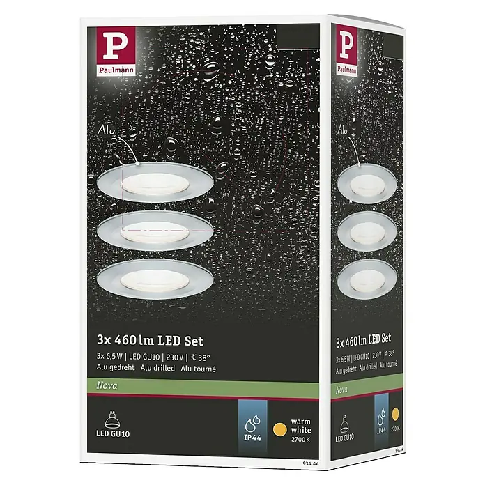 Paulmann LED-Einbauleuchten-Set Nova - 6,5 W, Aluminium, 3 Stk., Warmweiß, Durchmesser: 7,8 cm, IP44 - Produktverpackung des Paulmann 3er Sets mit 460lm LED-Einbaustrahlern in Alu-Optik, ideal für den Innenbereich.