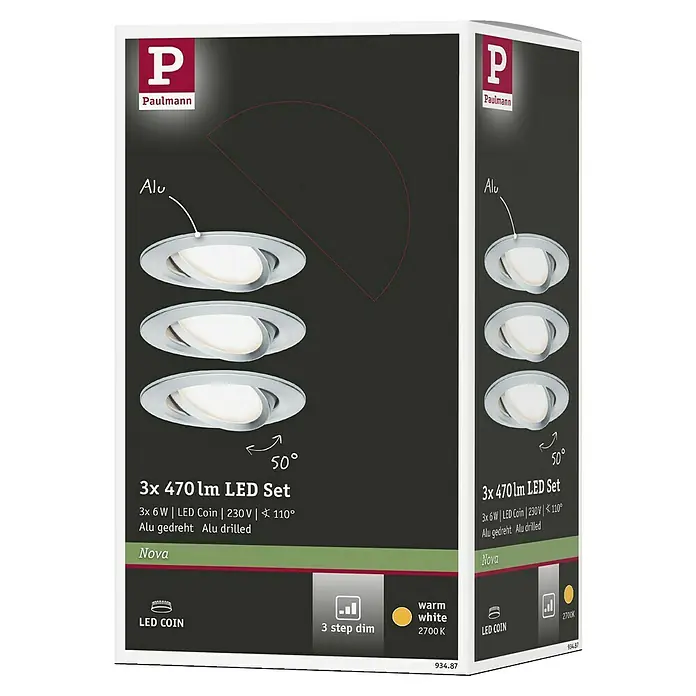 Paulmann Nova LED-Einbauleuchten-Set - 6,5 W, 3 Stk., Warmweiß, 8,4 cm, Aluminium - Bild einer Paulmann 3er LED-Leuchtenset-Verpackung mit warmweißem Licht und dreistufigem Dimmer für stilvolle Innenraumbeleuchtung.