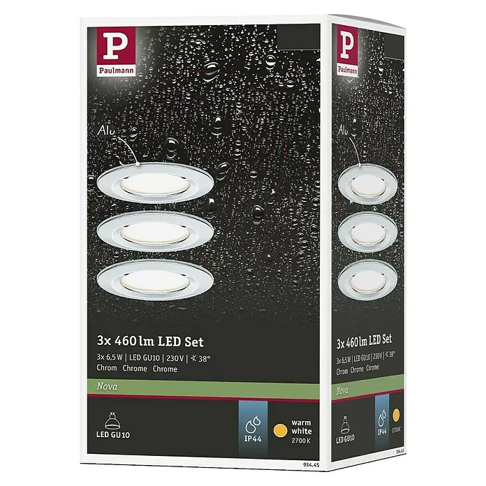 Paulmann LED-Einbauleuchten-Set Nova - 6,5 W, Chrom, 3 Stk., Warmweiß, Durchmesser: 7,8 cm, IP44 - Eine Produktaufnahme der Paulmann Nova LED-Einbaustrahler im 3er-Set, ideal für stimmungsvolle Beleuchtung.
