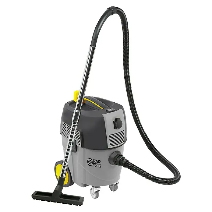 Fartools Aspirador en seco y húmedo Netup 30 Auto - 1.600 W, 30 l - Imagen de una aspiradora para sólidos y líquidos de FAR Tools, completa con accesorios, que muestra un diseño gris y negro con detalles amarillos.