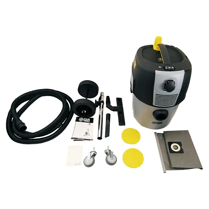 Fartools Aspirador en seco y húmedo Netup 30 Auto - 1.600 W, 30 l - La imagen muestra una aspiradora FAR Tools gris y negra con accesorios.