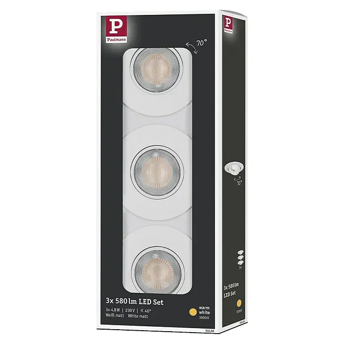 Paulmann LED-Einbauleuchten-Set rund - 6 W, Weiß matt, 3 Stk., Warmweiß - Produktverpackung des Paulmann LED-Sets mit drei Leuchten, warmweißes Licht und modernem Design.
