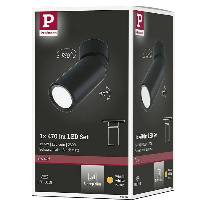 Paulmann LED-Deckenleuchte Turnal Coin - 6 W, Schwarz matt, 1 Stk. - Produktverpackung für ein Paulmann 1x 470 lm LED-Set, 6W, LED Coin, 230V, Schwarz matt, mit 3-Stufen-Dimmung und warmweißem Licht (2700K).