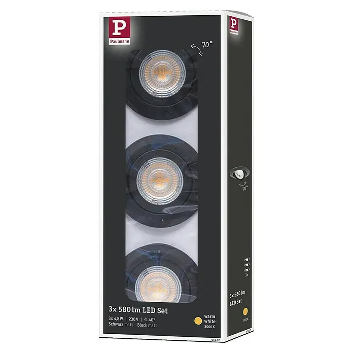 Paulmann LED-Einbauleuchten-Set rund - 6 W, Schwarz matt, 3 Stk., Warmweiß - Die Paulmann 3er LED-Einbaustrahler in Mattschwarz sorgen für warmweißes Licht mit 3000K und sind um 70° schwenkbar.