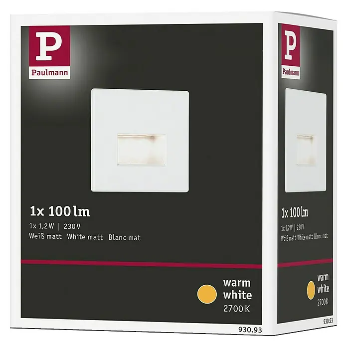 Paulmann LED-Einbauleuchte Edge - B x H: 80 x 80 mm, Warmweiß, Weiß - Produktverpackung einer Paulmann LED-Stufenleuchte in mattweiß, 1x100lm, 1,2W, 230V, warmweiß (2700K).