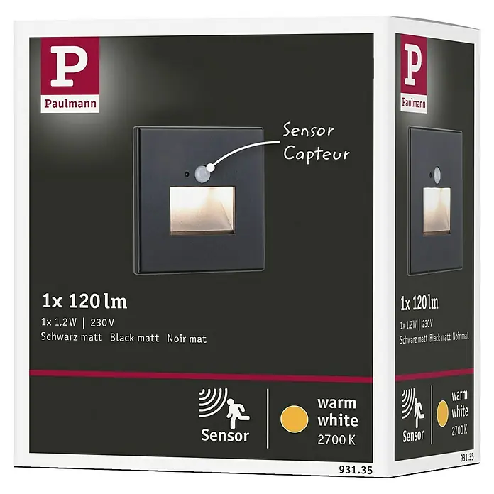 Paulmann LED-Wandstrahler - 2,2 W, L x B x H: 4,2 x 8 x 8 cm, Schwarz, Warmweiß - Produktverpackung einer Paulmann LED-Orientierungsleuchte mit Bewegungsmelder, 1x 120 Lumen, warmweiß (2700 K), in Mattschwarz.