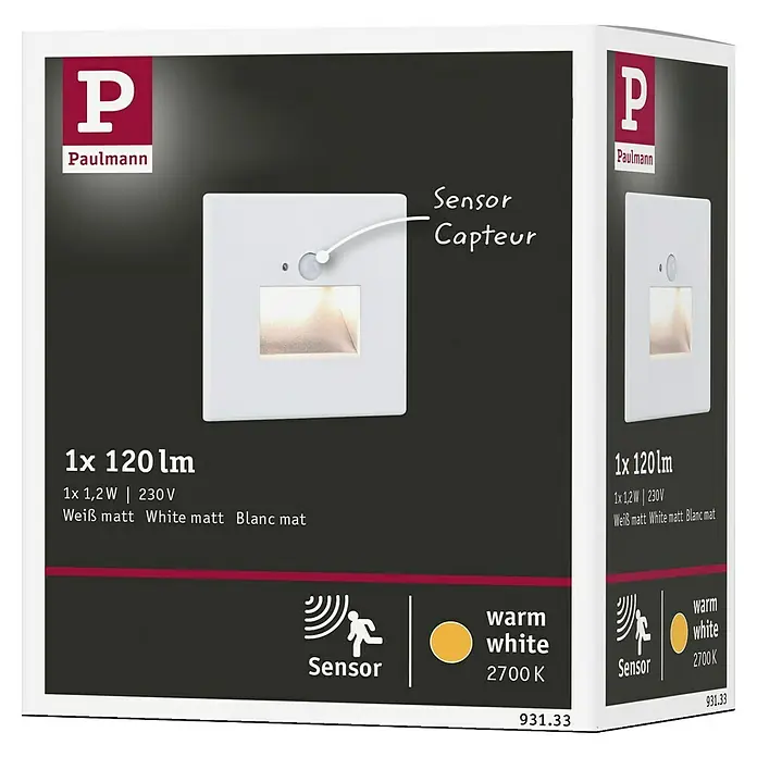 Paulmann LED-Wandstrahler - 2,2 W, L x B x H: 4,2 x 8 x 8 cm, Weiß, Warmweiß - Produktverpackung einer Paulmann LED-Wandleuchte mit Sensor, 1,2W, 120lm, warmweiß (2700K), mattweiß.