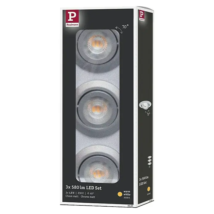 Paulmann LED-Einbauleuchten-Set rund - 6 W, Chrom matt, 3 Stk., Warmweiß - Produktverpackung: Paulmann 3x 580lm LED-Set in Chrom matt, warmweiß (3000K), mit schwenkbaren Spots.