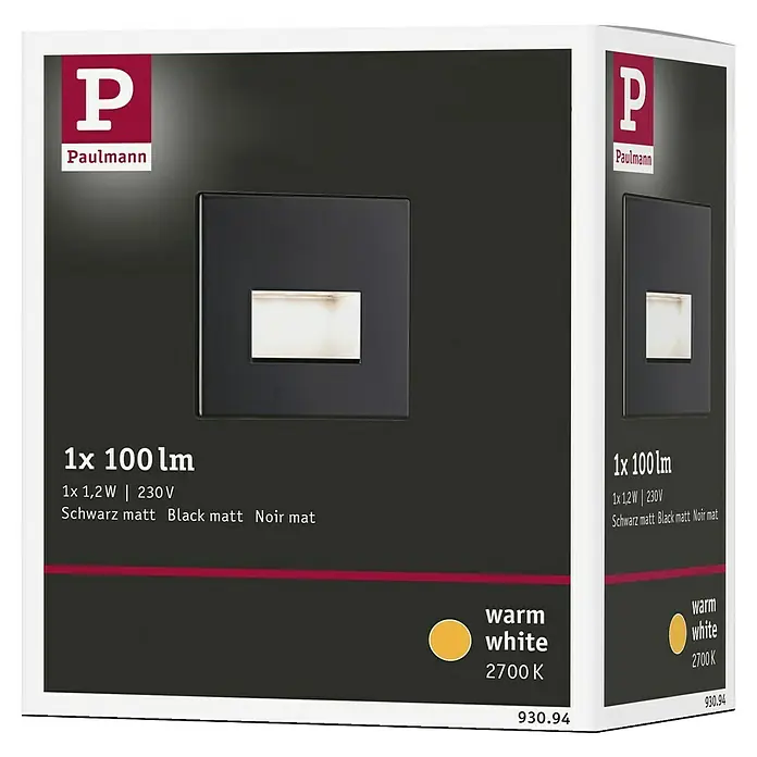 Paulmann LED-Einbauleuchte Edge - B x H: 80 x 80 mm, Warmweiß, Schwarz - Bild einer Paulmann-Box mit einer schwarzen, matten Treppenleuchte, die warmweißes Licht ausstrahlt.