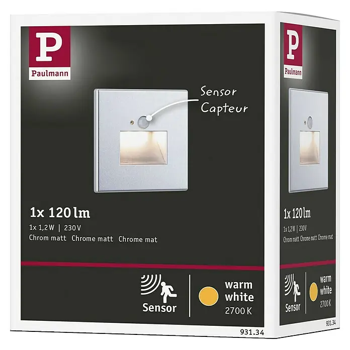 Paulmann LED-Wandstrahler - 2,2 W, L x B x H: 4,2 x 8 x 8 cm, Chrom matt, Warmweiß - Produktverpackung einer Paulmann LED-Orientierungsleuchte mit Bewegungssensor und warmweißem Licht (2700 K).