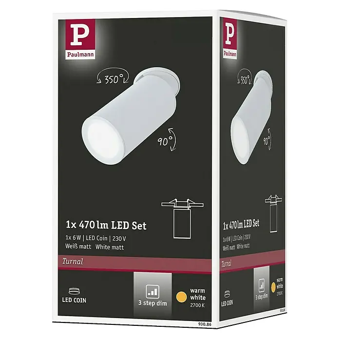 Paulmann LED-Einbauleuchten-Set rund Turnal Coin - 6 W, Weiß matt, 3 Stk., Warmweiß - Produktverpackung der Paulmann Turnal LED-Leuchte. Die Leuchte ist schwenkbar und dimmbar.