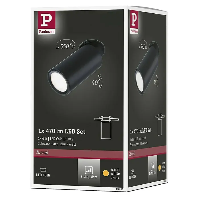 Paulmann LED-Einbauleuchten-Set rund Turnal Coin - 6 W, Schwarz matt, 3 Stk., Warmweiß - Bild einer Paulmann Turnal LED-Leuchte mit 470 lm, 6W, 230V, mattschwarz, 3-Stufen-Dimmer und warmweißem Licht (2700K) auf der Verpackung.
