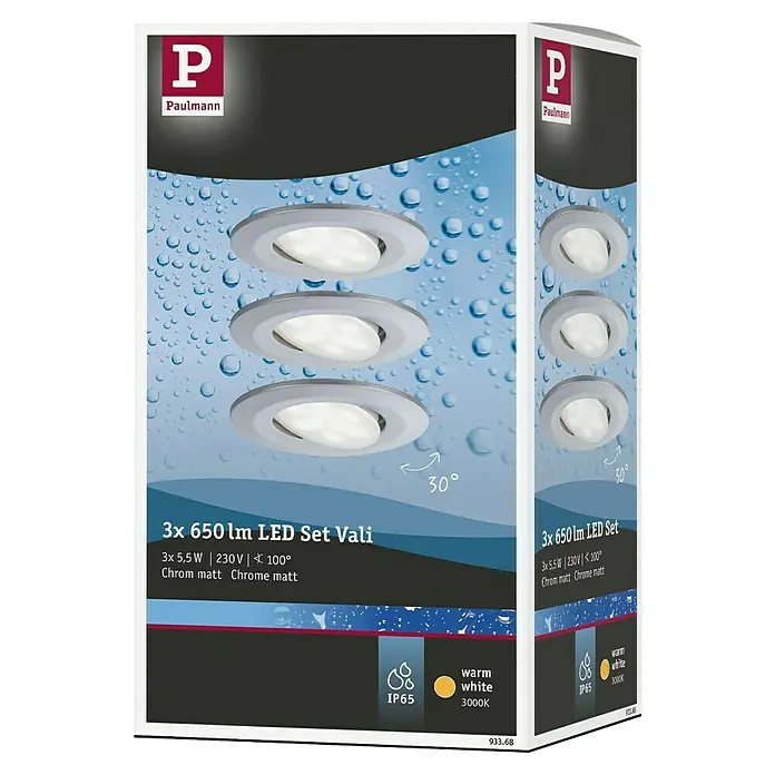 Paulmann LED-Einbauleuchten-Set Vali - 16,5 W, Chrom, 3 Stk., Warmweiß, IP65 - Abbildung der Verpackung eines Paulmann 3er LED-Einbaustrahler-Sets mit 650 Lumen, warmweißem Licht und chrom-matter Oberfläche.