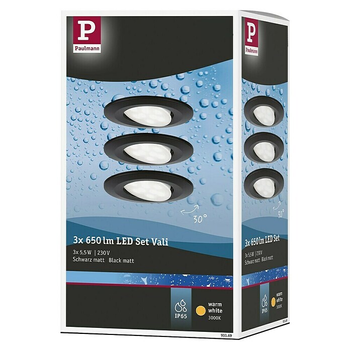 Paulmann LED-Einbauleuchten-Set Vali (16,5 W, Schwarz, 3 Stk., Warmweiß, IP65) | BAUHAUS