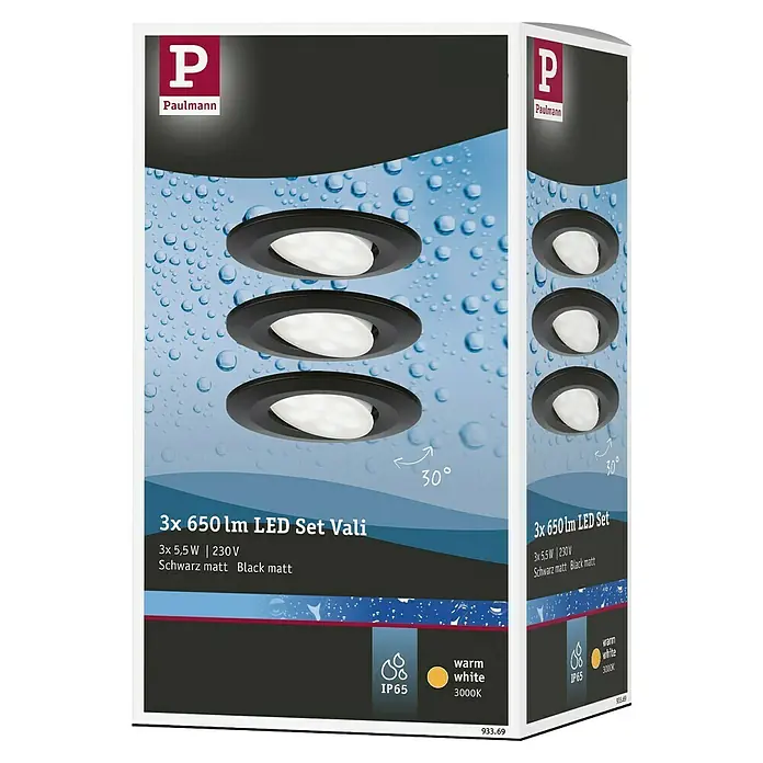 Paulmann LED-Einbauleuchten-Set Vali - 16,5 W, Schwarz, 3 Stk., Warmweiß, IP65 - Produktverpackung für ein Paulmann 3er Set 650lm LED Einbaustrahler in Schwarz Matt, ideal für den Innenbereich mit warmweißem Licht.