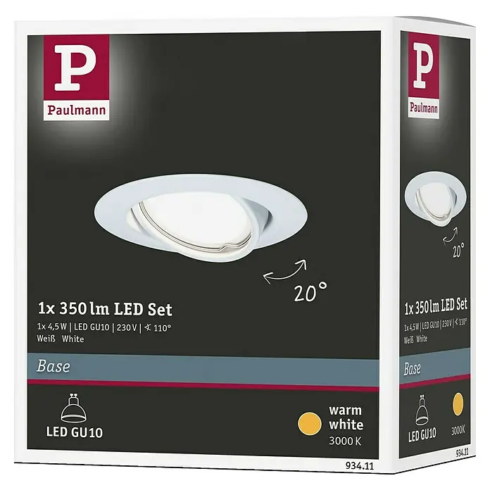 Paulmann LED-Einbauleuchte Base - 5 W, Weiß, Warmweiß - Bild einer Paulmann Base LED GU10 Leuchte, die warmweißes Licht ausstrahlt und um 20° schwenkbar ist.