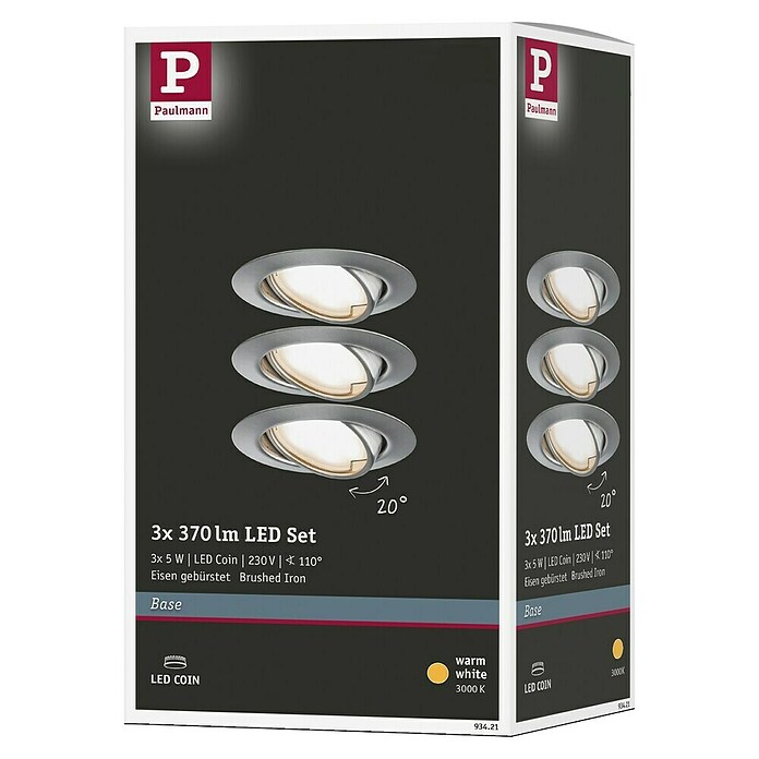 Paulmann LED-Einbauleuchten-Set (5 W, Eisen gebürstet, Durchmesser: 9 cm, 3 Stk.)