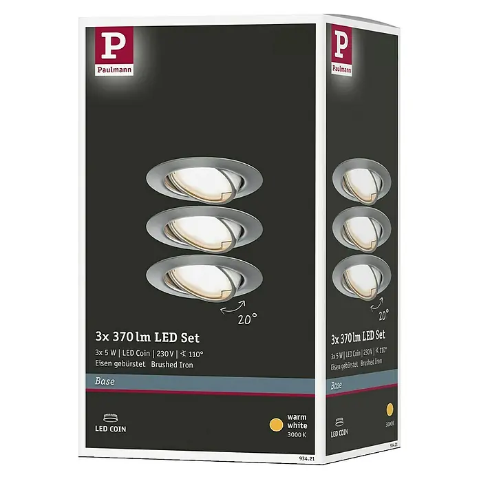 Paulmann LED-Einbauleuchten-Set Base - 5 W, Eisen gebürstet, 3 Stk., Warmweiß - Produktverpackung: Paulmann 3x 370 lm LED Set mit gebürstetem Eisen-Finish und warmweißem Licht (3000 K) für stimmungsvolle Beleuchtung.