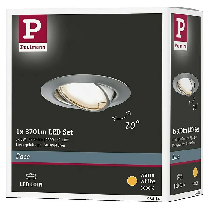 Paulmann LED-Einbauleuchte Base - 5 W, Silber, Warmweiß, Durchmesser: 51 mm - Produktverpackung: Paulmann LED Einbaustrahler, 1x5W, 370 Lumen, Eisen gebürstet, warmweiß (3000K), 20° schwenkbar.