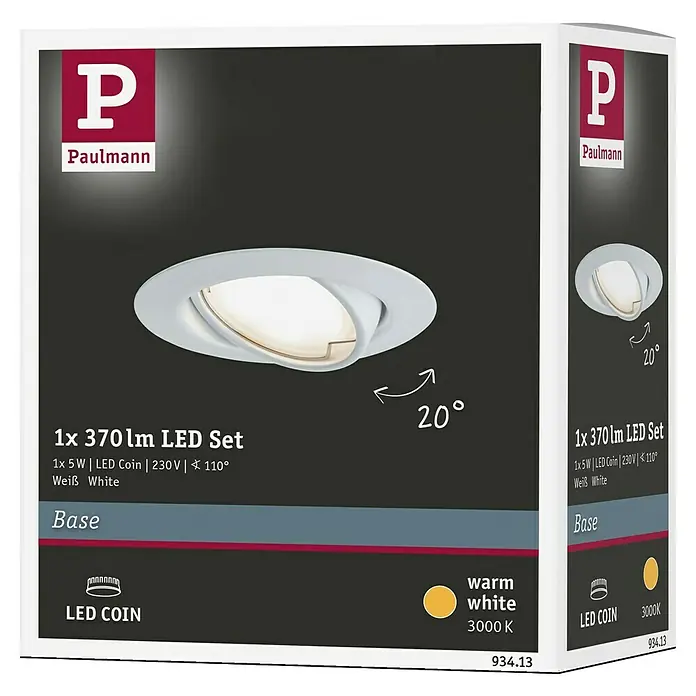 Paulmann LED-Einbauleuchte Base - 5 W, Weiß, Warmweiß, Durchmesser: 51 mm - Paulmann LED Einbaustrahler-Set: 1x 370 lm, 5 W, warmweiß (3000 K), schwenkbar bis 20°, ideal für stimmungsvolle Beleuchtung.