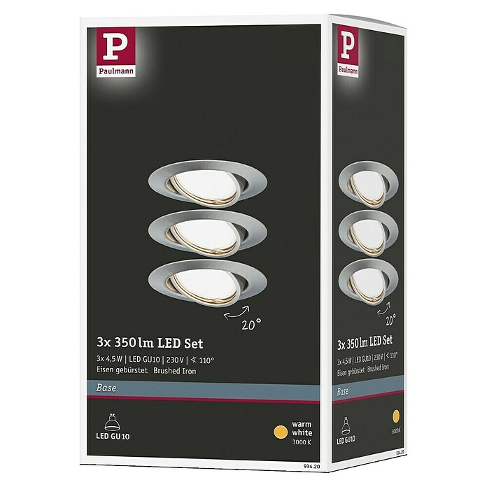 Paulmann LED-Einbauleuchten-Set (5 W, Eisen gebürstet, Durchmesser: 9 cm, 3 Stk., GU10)