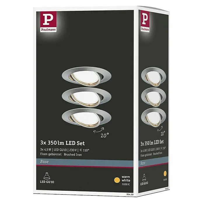 Paulmann LED-Einbauleuchten-Set Base - 5 W, Eisen gebürstet, 3 Stk., Warmweiß, Leuchtenkopf beweglich - Bild einer Paulmann 3er LED-Einbaustrahler-Set-Packung in gebürstetem Eisen mit warmweißem Licht für ein gemütliches Zuhause.