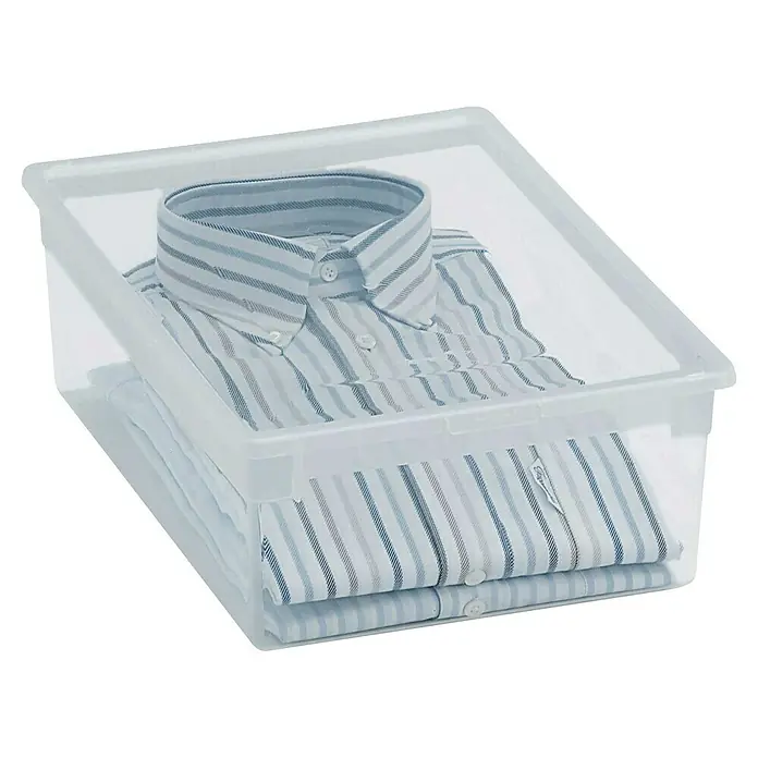 Terry Caja de almacenaje Light Drawer M - L x An x Al: 39 x 29,6 x 16 cm, 12 l - Contenedor transparente con camisas de rayas, ideal para organizar y guardar ropa en el armario, asegurando el orden.