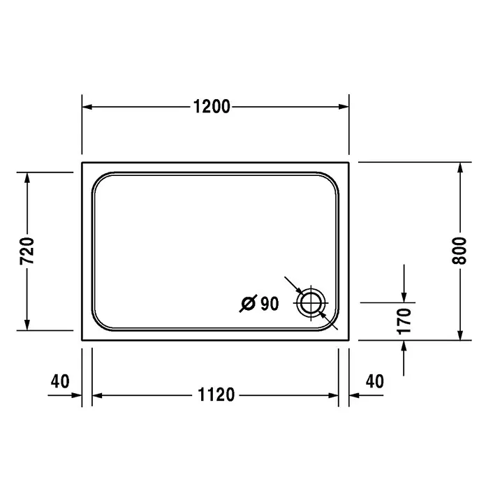 Duravit D-Code Duschwanne - L x B: 120 x 80 cm, Kunststoff, Weiß, Mit Antirutsch-Oberfläche, Rechteckig - Abbildung einer rechteckigen Duschwanne mit abgerundeten Ecken und Maßangaben, Durchmesser des Abflusses beträgt 90 mm.