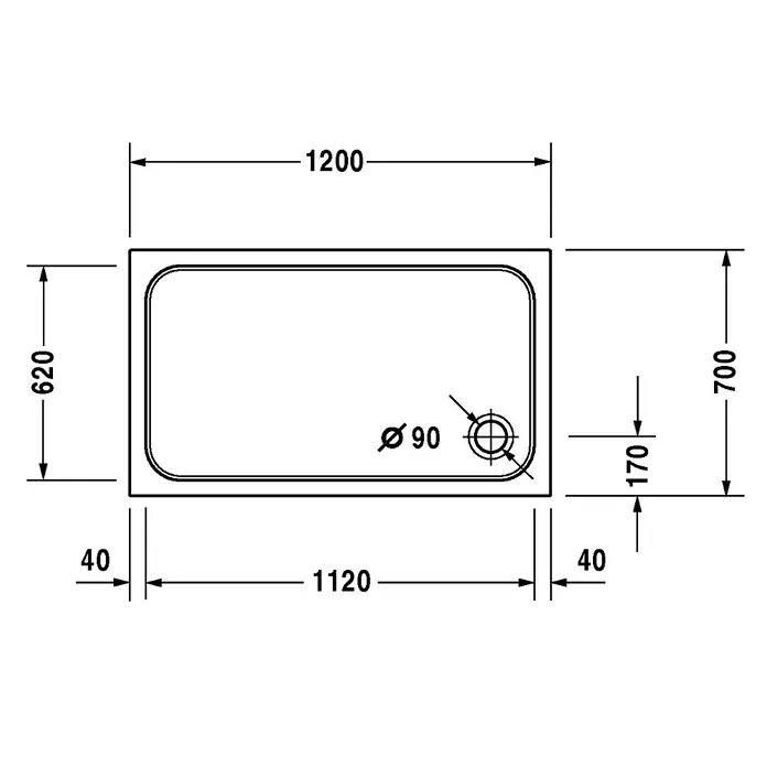 Duravit D-Code Duschwanne - L x B: 120 x 70 cm, Kunststoff, Weiß, Mit Antirutsch-Oberfläche, Rechteckig - Detaillierte technische Zeichnung einer rechteckigen Duschwanne mit Maßangaben für Installation und Planung.