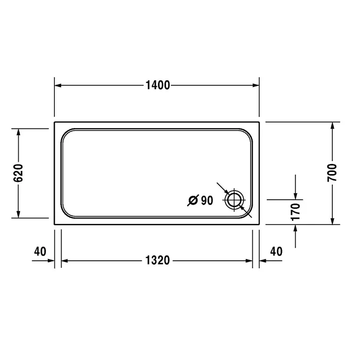 Duravit D-Code Duschwanne - L x B: 140 x 70 cm, Kunststoff, Weiß, Mit Antirutsch-Oberfläche, Rechteckig - Technische Zeichnung einer Badewanne mit Maßen. Die Wanne ist rechteckig und hat einen Durchmesser von 90 mm für den Abfluss.