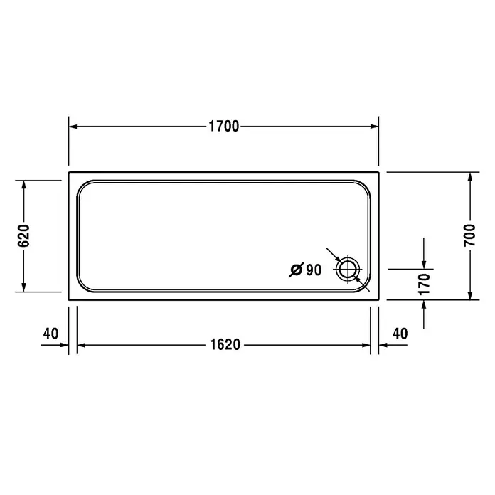 Duravit D-Code Duschwanne - L x B: 170 x 70 cm, Kunststoff, Weiß, Mit Antirutsch-Oberfläche, Rechteckig - Technische Zeichnung einer Badewanne mit den Maßen 1700x700x620 mm und einem Abflussdurchmesser von 90 mm.
