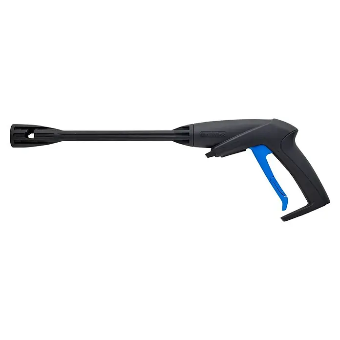 Nilfisk Pistola de alta presión G1 - Específico para: Nilfisk Compact C 100 y 125 - Primer plano de una pistola pulverizadora Nilfisk negra de alta presión con mango azul y boquilla para tareas de limpieza precisas.