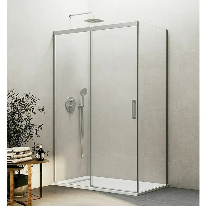 GME Mampara de ducha esquinera Basic - L x An x Al: 75 x 72 x 195 cm, Vidrio transparente, Nickel - Moderna cabina de ducha con puerta corredera y accesorios plateados contra una pared alicatada brillante. Diseño de baño minimalista.