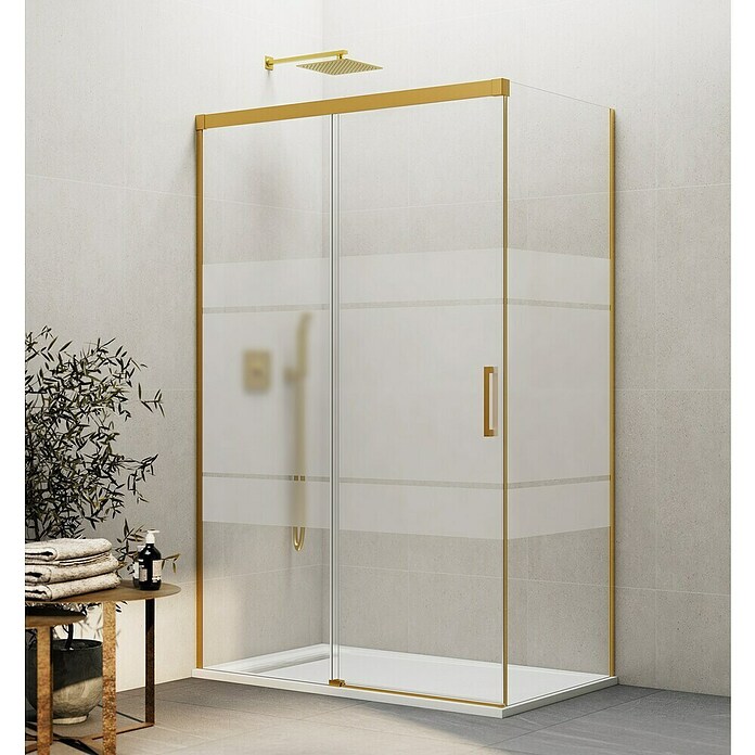 GME Mampara de ducha esquinera Basic (L x An x Al: 90 x 160 x 196 cm, Vidrio serigrafiado, Espesor: 6 mm, Oro) | BAUHAUS