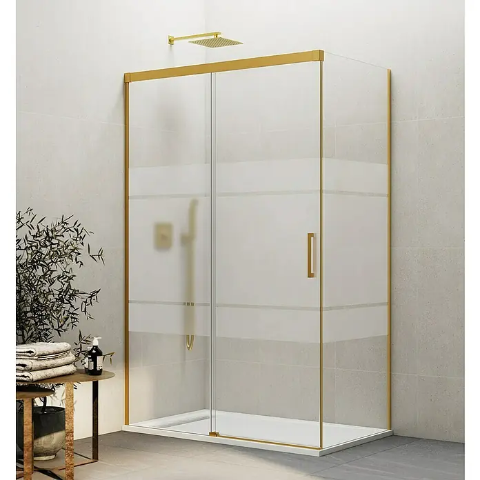 GME Mampara de ducha frontal Basic - L x An x Al: 80 x 77 x 196 cm, Vidrio serigrafiado, Oro - Elegante cabina de ducha con marcos dorados y cristal de privacidad, combinando diseño moderno y funcionalidad.
