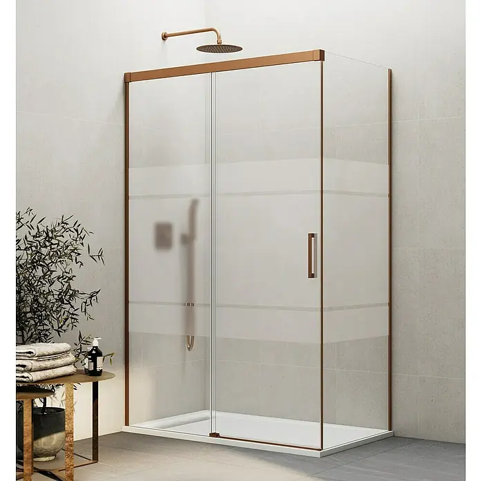 GME Mampara de ducha frontal Basic - L x An x Al: 75 x 72 x 196 cm, Vidrio serigrafiado, Cobre - Elegante cabina de ducha con marco de cobre y detalles blancos. El diseño añade un toque de lujo y modernidad a cualquier baño.