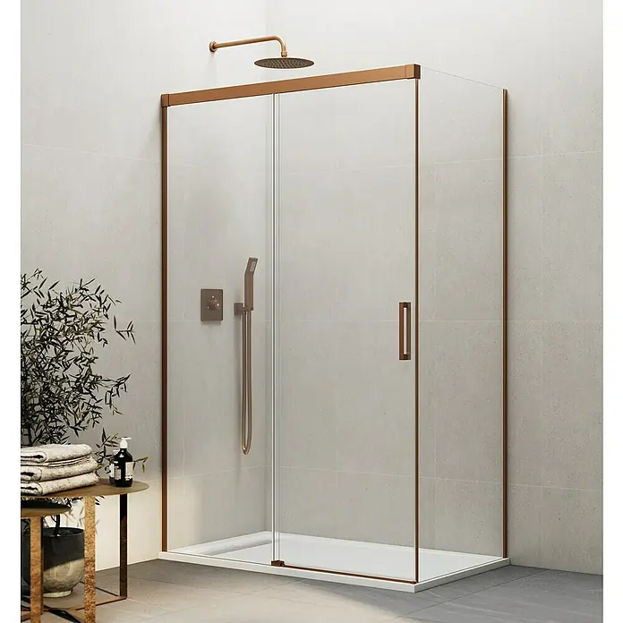 GME Mampara de ducha esquinera Basic - L x An x Al: 75 x 72 x 195 cm, Vidrio transparente, Cobre - Primer plano de una cabina de ducha con marco de bronce, que muestra un diseño de baño moderno y accesorios de alta calidad.