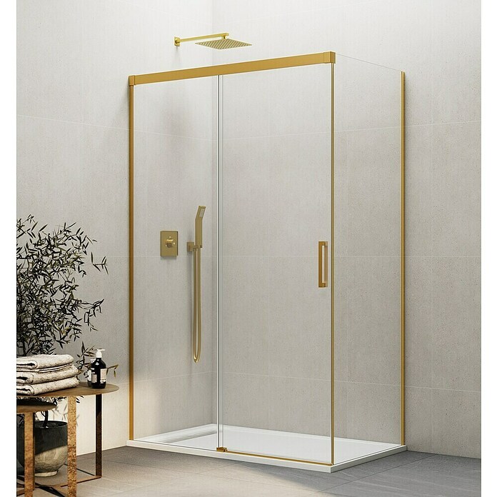 GME Mampara de ducha esquinera Basic (L x An x Al: 75 x 105 x 196 cm, Vidrio transparente, Espesor: 6 mm, Oro) | BAUHAUS