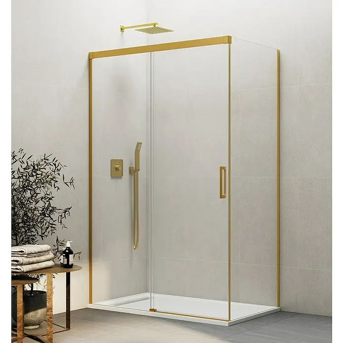 GME Mampara de ducha esquinera Basic - L x An x Al: 80 x 77 x 195 cm, Vidrio transparente, Oro - Elegante cabina de ducha con detalles dorados. El estilo minimalista se enfatiza con líneas limpias y un diseño refinado.